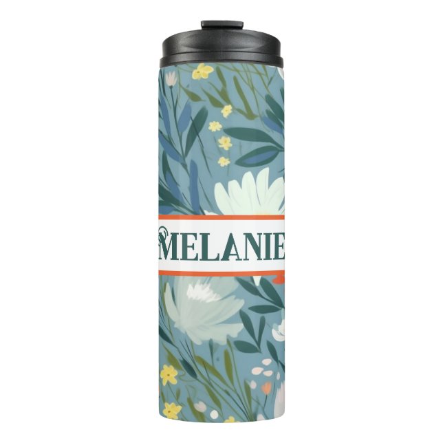 Garrafa Térmica Padrão Floral Branco e Azul Personalizado (Frente)
