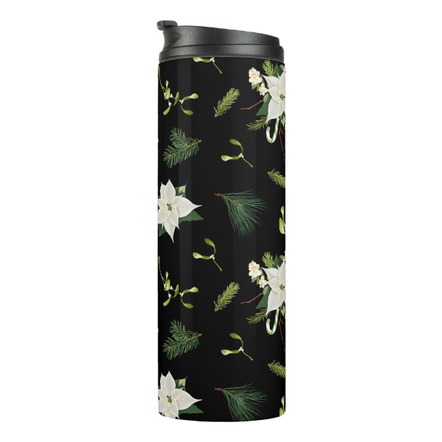 Garrafa Térmica Padrão Floral Branco Verde em Preto (Rotação à direita)