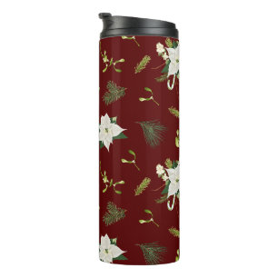 Garrafa Térmica Padrão Floral Branco Verde sobre Marrom