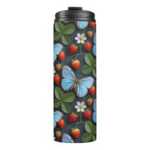 Garrafa Térmica Padrão Floral com Borboletas Azuis Morpho