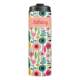 Garrafa Térmica Padrão Floral de Aquarela com Nome Elegante