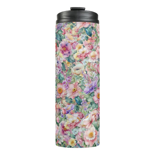 Garrafa Térmica Padrão Floral de Aquarela, Fundo Floral (Frente)