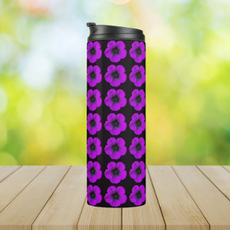 Garrafa Térmica Padrão Floral de Geranium roxo em preto