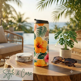 Garrafa Térmica Padrão Floral de Hibisco Tropical Vibrante Sem Cos