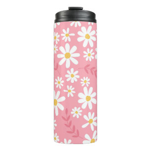 Garrafa Térmica Padrão Floral de Margaridas Rosa e Branco Fofo e S