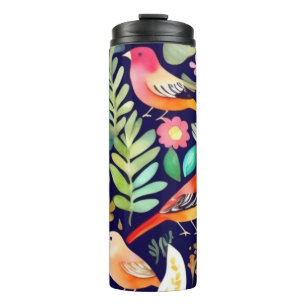 Garrafa Térmica Padrão floral de pássaros coloridos decoração azul