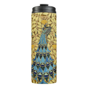 Garrafa Térmica Padrão Floral de Pavão Azul Art Nouveau Antigo