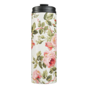 Garrafa Térmica Padrão floral de rosas cor-de-rosa vintage