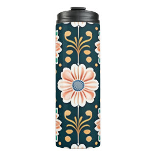 Garrafa Térmica Padrão Floral Laranja num Fundo Preto