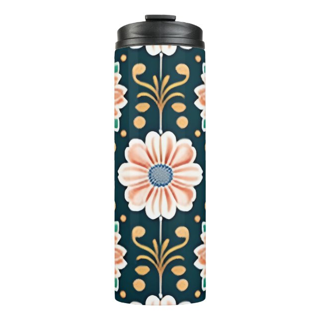 Garrafa Térmica Padrão Floral Laranja num Fundo Preto (Frente)