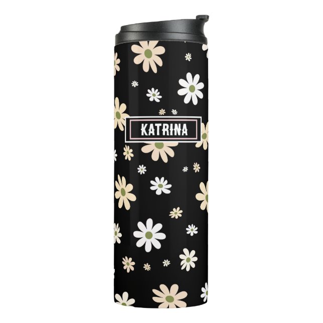 Garrafa Térmica Padrão Floral Retro Daisy Boho Personalizado Preto (Giro à esquerda)