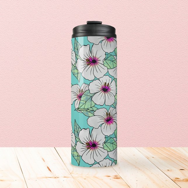 Garrafa Térmica Padrão Floral Tropical de Hibiscus Rosa e Branco (Floral Hibiscus Pattern Tumbler)
