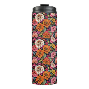 Garrafa Térmica Padrão floral vintage com cores ousadas em preto