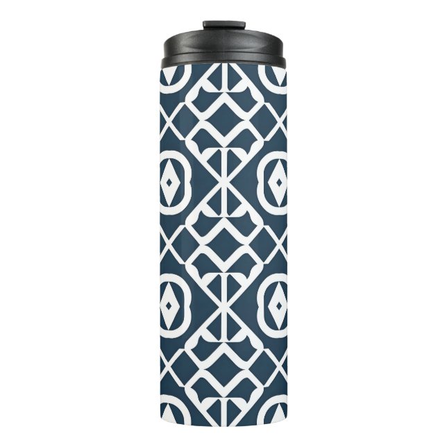Garrafa Térmica Padrão Geométrico Abstrato Azul e Branco (Frente)