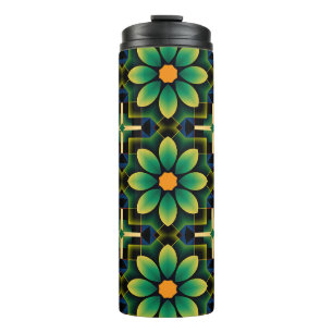 Garrafa Térmica Padrão Geométrico Floral Verde e Amarelo