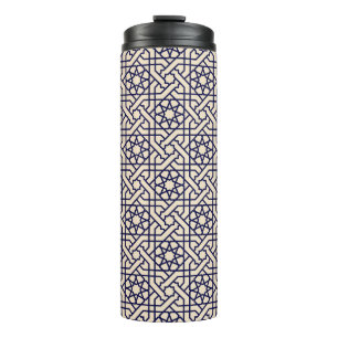 Garrafa Térmica Padrão Geométrico Islâmico Azul Branco Marroqui