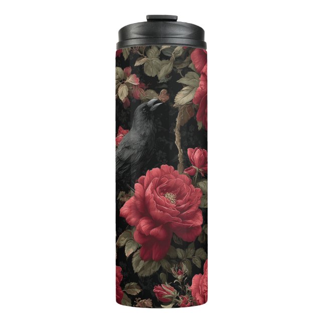Garrafa Térmica Padrão Gótico com Rosas vermelhas e Corvos (Frente)