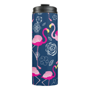 Garrafa Térmica Padrão gráfico de flamingos cor-de-rosa em azul