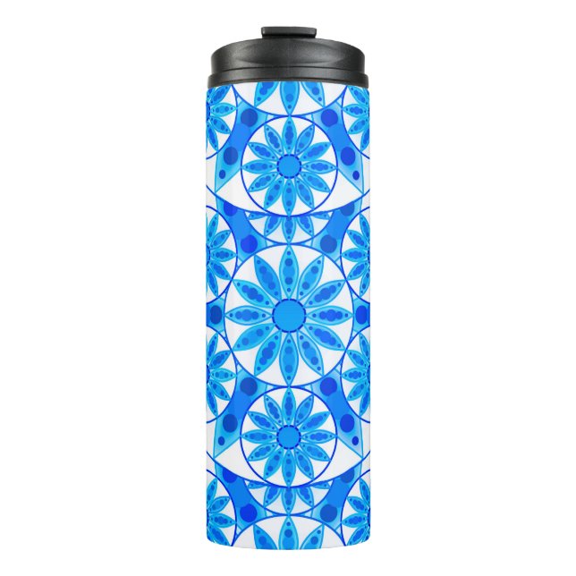 Garrafa Térmica Padrão Mandala, Azul Cobalto, Turquesa e Branco (Frente)