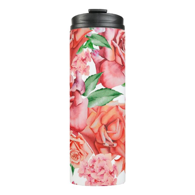 Garrafa Térmica Padrão perfeito brilhante com flores. Rosa. Água (Frente)