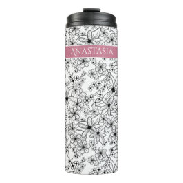 Garrafa Térmica Padrão Preto Branco Floral Desenhado à Mão e Nome