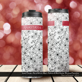 Garrafa Térmica Padrão Preto Branco Floral Desenhado à Mão e Nome