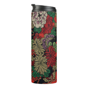 Garrafa Térmica Padrão Preto Vermelho Peônia Floral Japonês Vintag