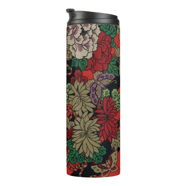 Garrafa Térmica Padrão Preto Vermelho Peônia Floral Japonês Vintag (Rotação à direita)