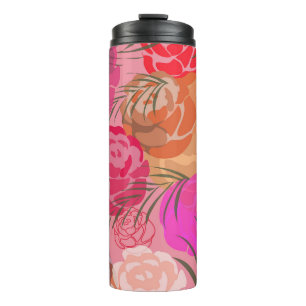 Garrafa Térmica Padrão rosa rosa rosa rosa com flores e plantas