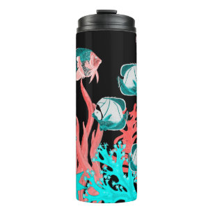 Garrafa Térmica Padrão sem costura aquarelas com peixe exótico em