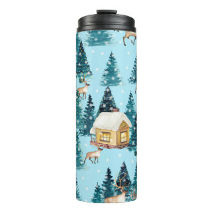 Garrafa Térmica Padrão sem costura com a vila de inverno na flore