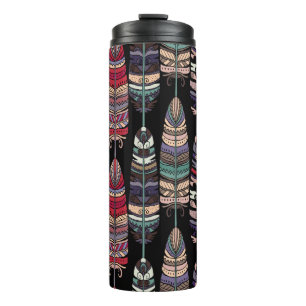 Garrafa Térmica Padrão sem costura com penas de aves. Arte tribal
