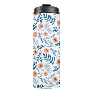 Garrafa Térmica Padrão sem costura com rosas de aquarelas e azul
