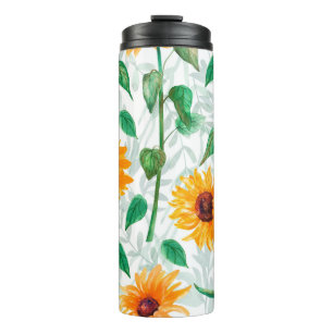 Garrafa Térmica Padrão sem costura de aquarela com girassóis