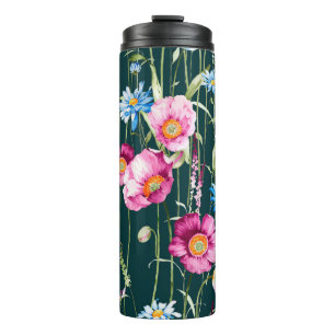 Garrafa Térmica Padrão sem costura de aquarelas com flor de papoil