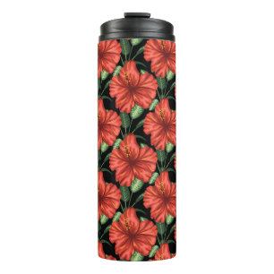 Garrafa Térmica Padrão sem costura Flores vermelhas tropicais Folh