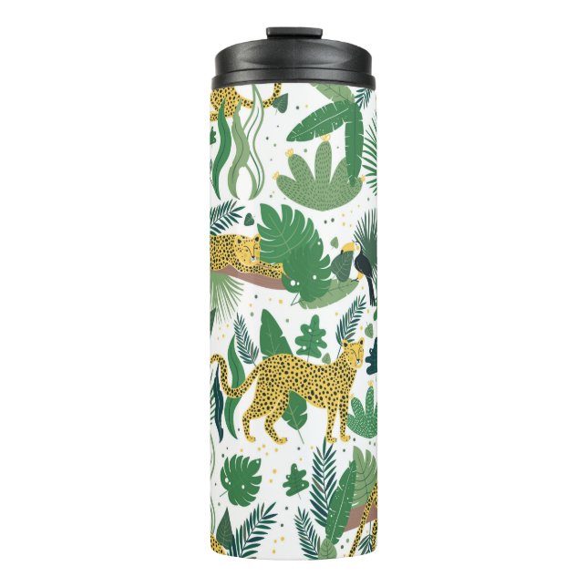 Garrafa Térmica padrão sem descontinuidades de leopardos na selva. (Frente)