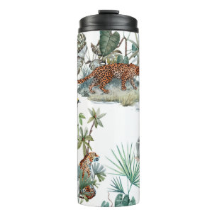 Garrafa Térmica Padrão tropical aquarela com um animal leopardo,