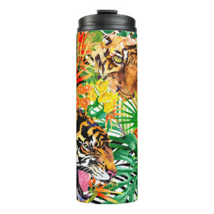 Garrafa Térmica padrão tropical uniforme com tigre. aquarela j