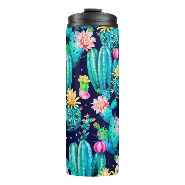 Garrafa Térmica Padrão uniforme de aquarela. Cactos de flores em d (Frente)