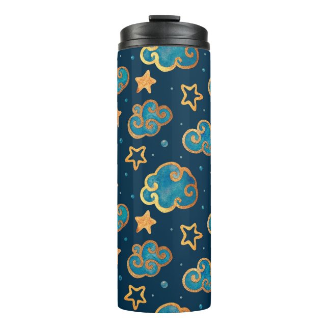 Garrafa Térmica Padrão uniforme de aquarelas com a lua, estrelas,  (Frente)