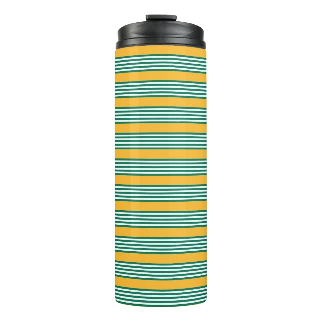 Garrafa Térmica Padrão verde e branco de cinco faixas com amarelo (Frente)