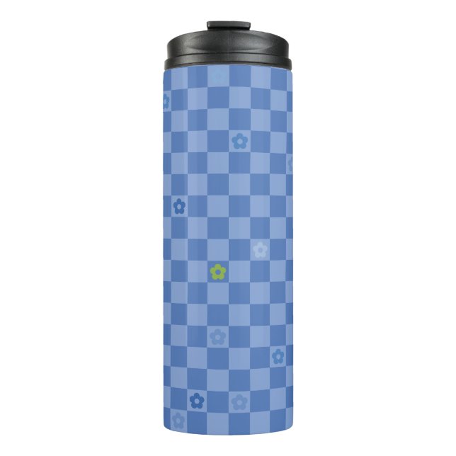 Garrafa Térmica Padrão Xadrez de Flores Nº 01 - Azul Claro (Frente)
