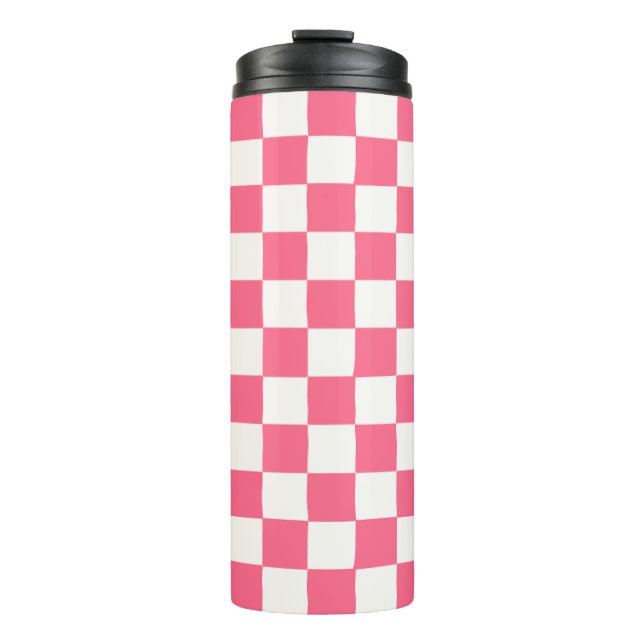 Garrafa Térmica Padrão Xadrez Rosa e Branco  (Frente)