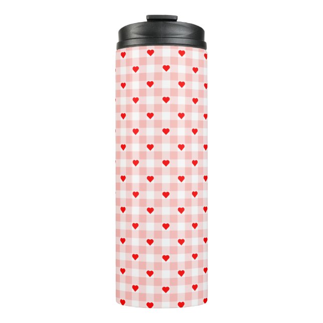 Garrafa Térmica Padrão xadrez rosa fofo retrô com coração (Frente)