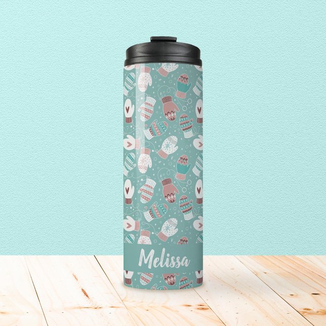 Garrafa Térmica Padrões de Noite de Natal Cozy em Mint (Mint Winter Mittens Pattern Thermal Tumbler)