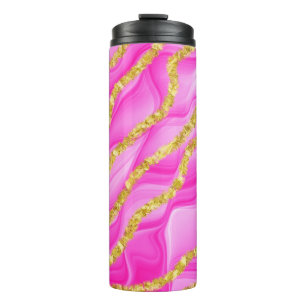 GARRAFA TÉRMICA PADRÕES DE ONDA COM VISUAL DE ÁGATA ROSA E DOURADO