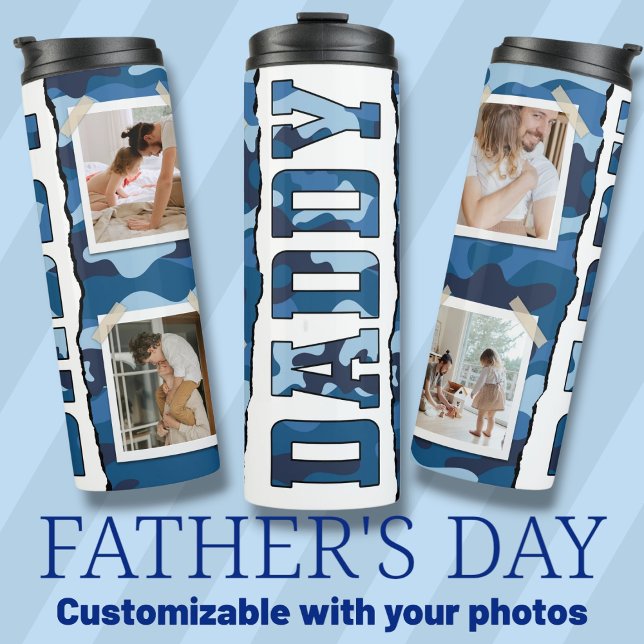 Garrafa Térmica Pai Dia de os pais fotos personalizadas azul (Daddy Father's Day custom photos blue Thermal Tumbler)