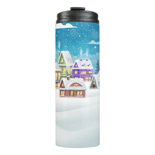Garrafa Térmica Paisagem das aldeias de inverno com neve coberta (Frente)