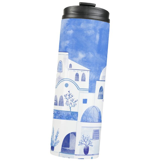 Garrafa Térmica Paisagem de Aquarela Grega de Santorini (Blue and white Oia Santorini watercolor thermal tumbler water bottle)